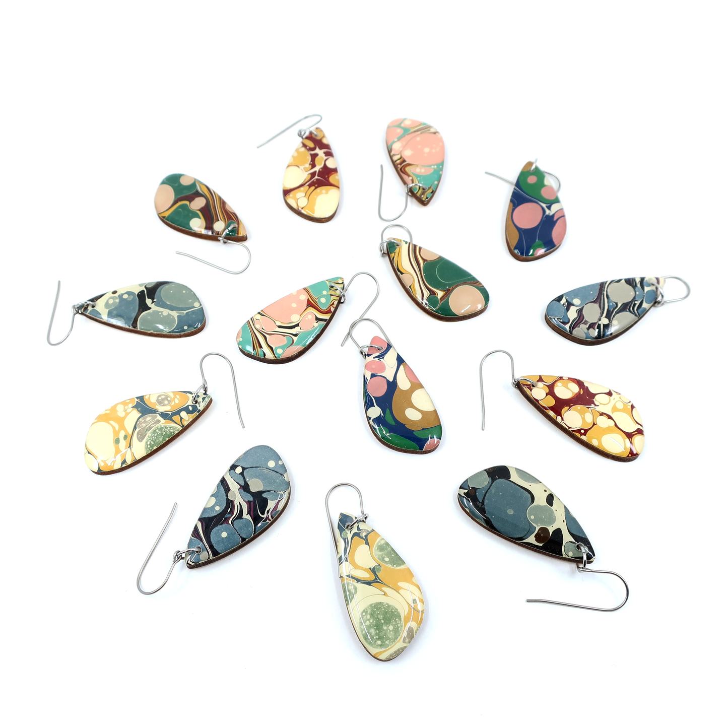 Green and light beige pink modern marble dangle earrings