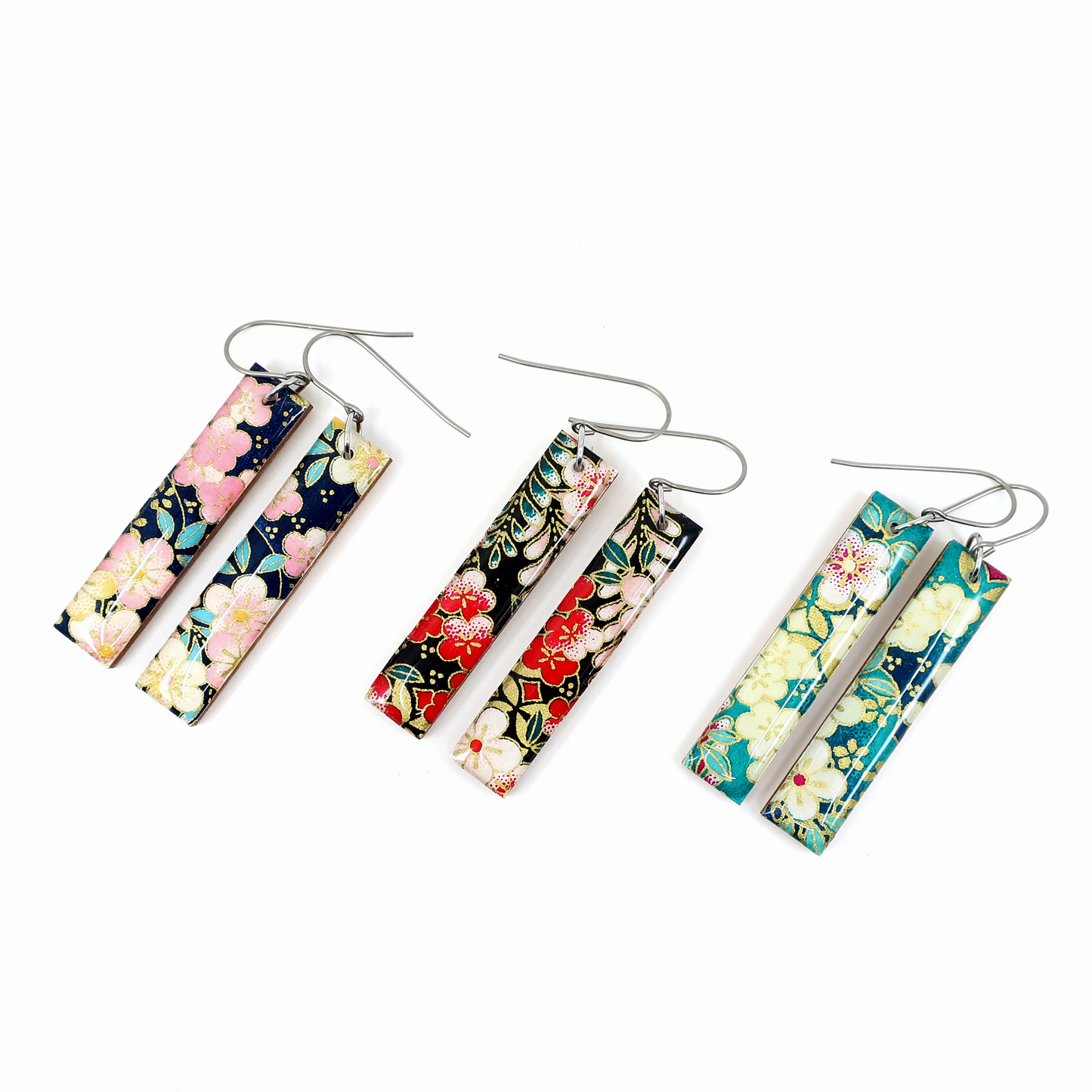 Navy/Pink floral Chiyogami long bar titanium earrings