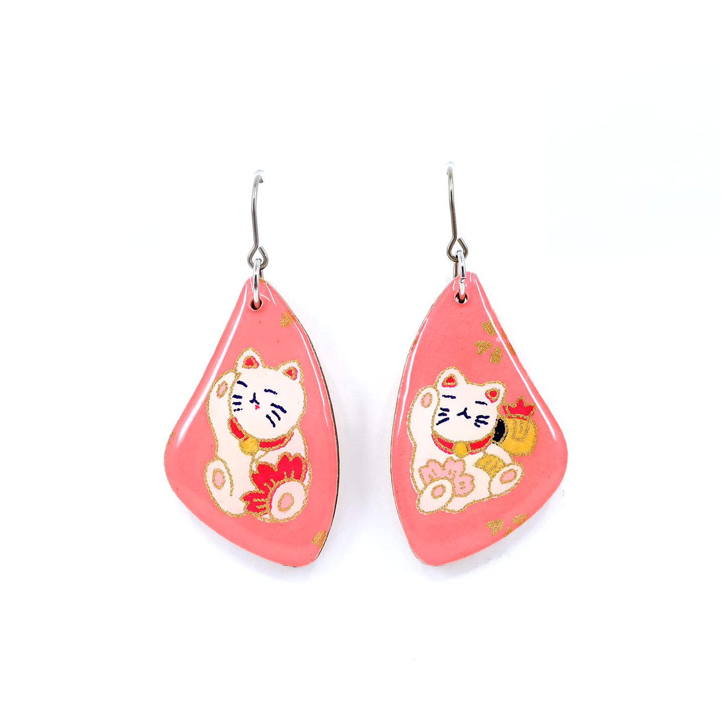 Coral pink Manekineko luckey cat titanium dangle earrings