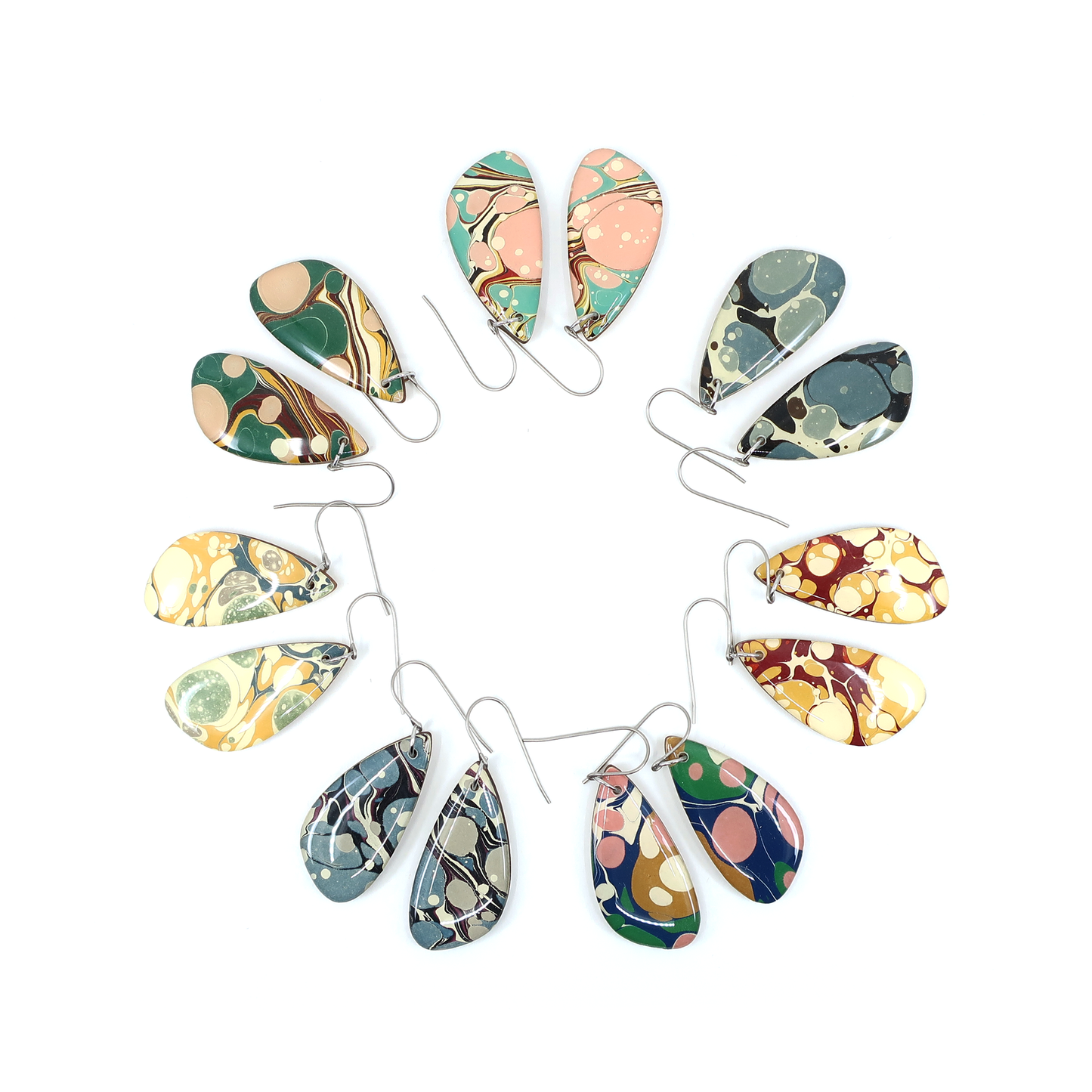 Green and light beige pink modern marble dangle earrings