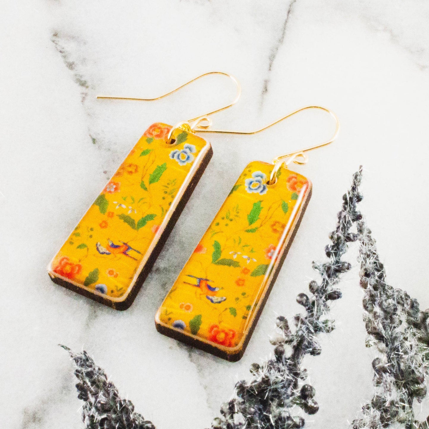 Bright Gold Floral Tapered Rectangle Earrings