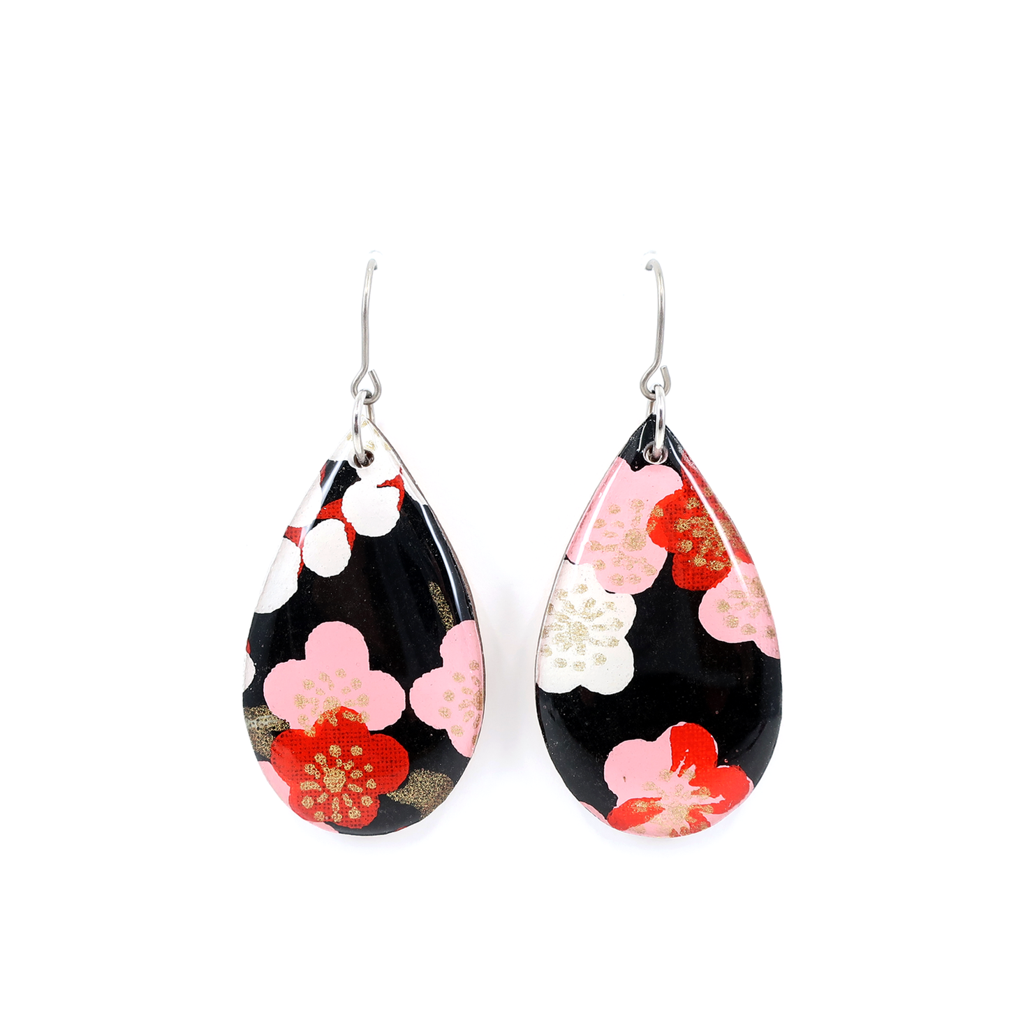 Teardrop floral Japanese earrings - Black