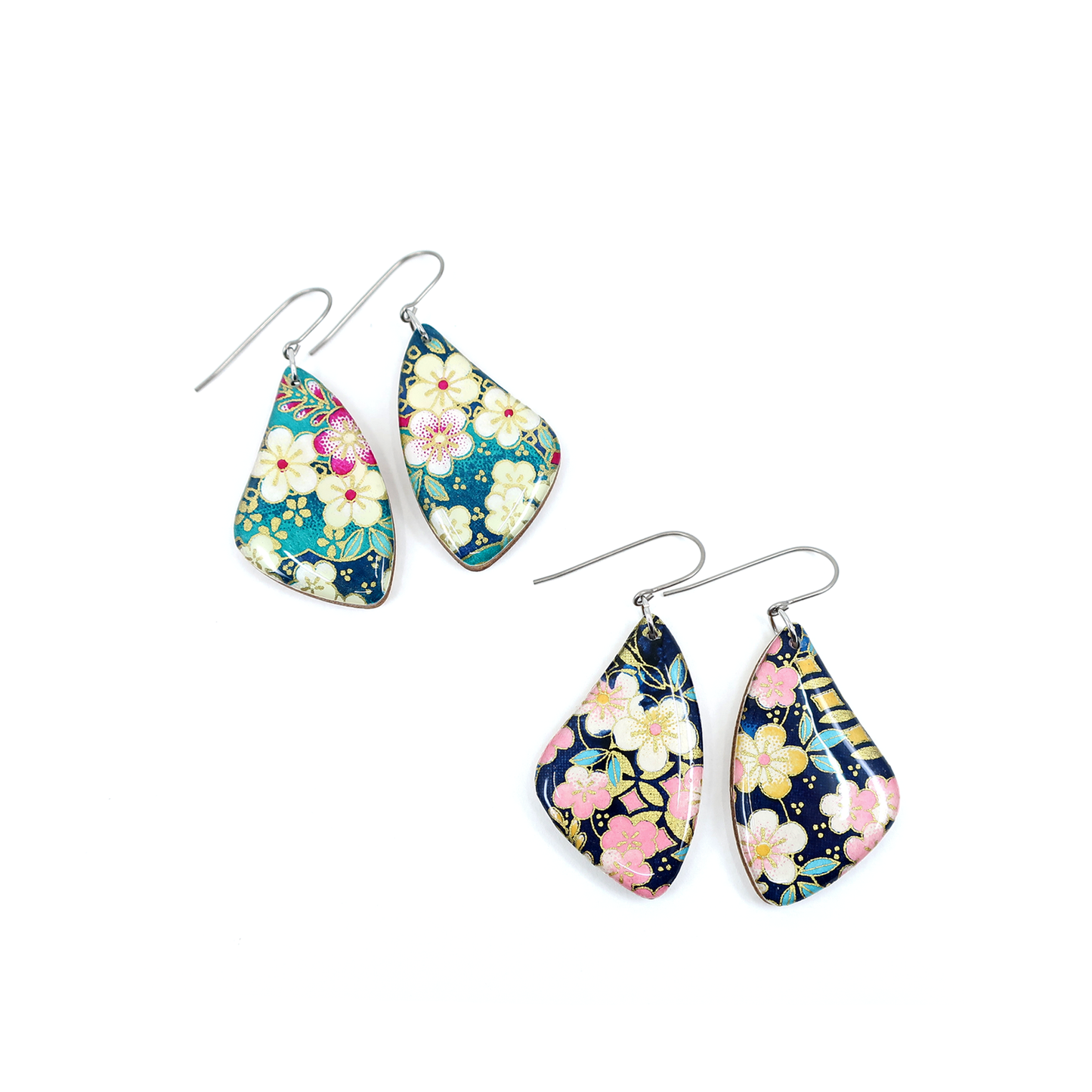 Coral pink floral Japanese titanium dangle earrings