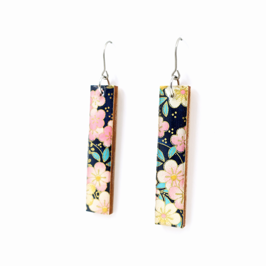 Navy/Pink floral Chiyogami long bar titanium earrings