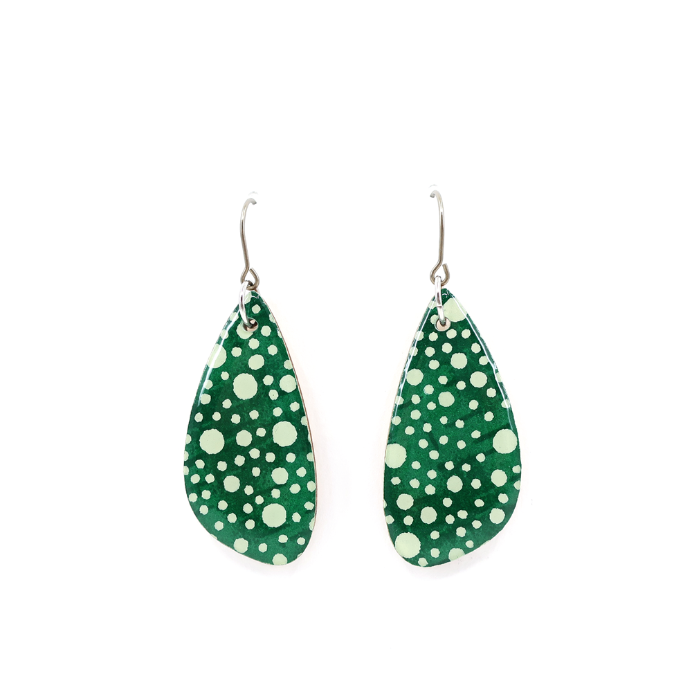 Polka dot Japanese Chiyogami wooden earrings - Deep green