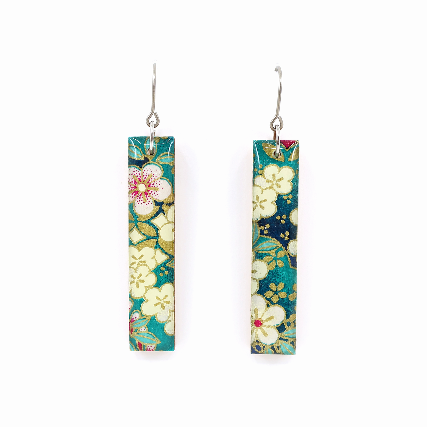 Teal floral Chiyogami long bar earrings with titanium hooks