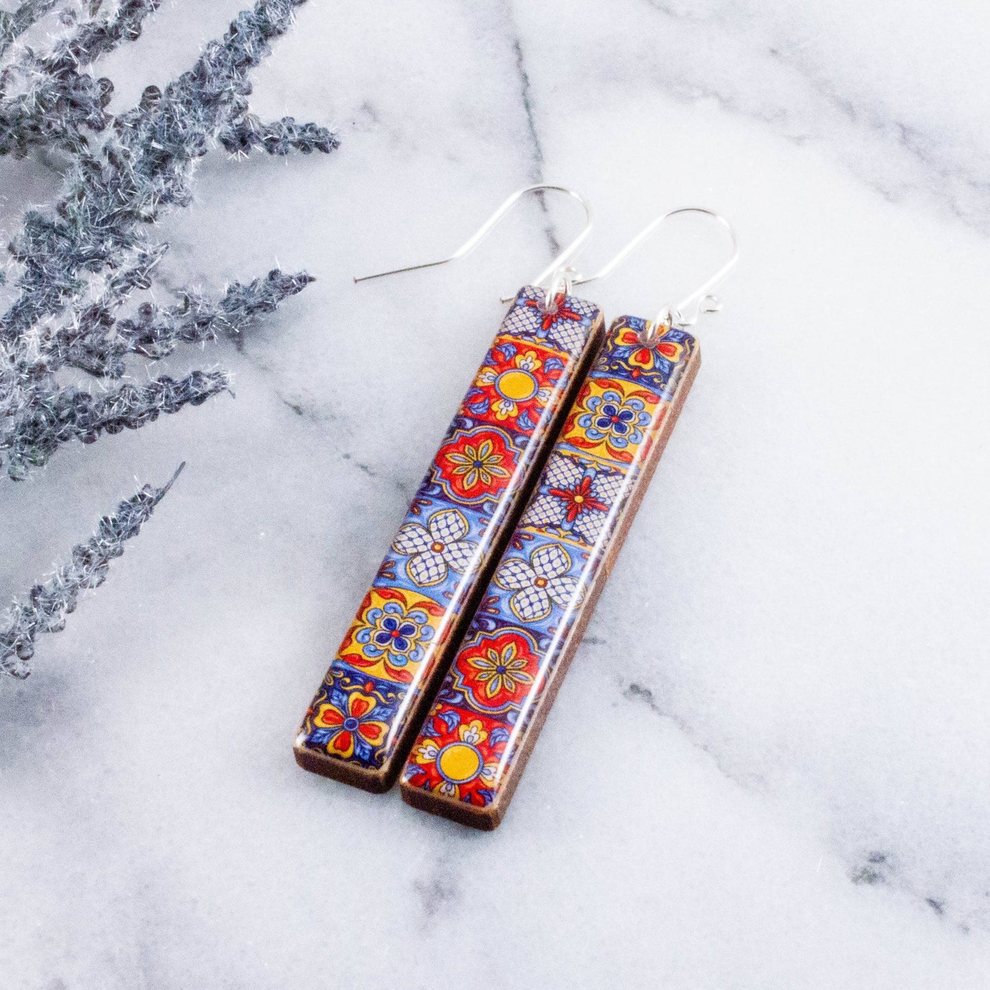 Vintage Mexican Talavera Tile Bar Earrings
