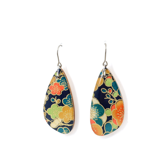Floral Japanese Chiyogami earrings - Navy