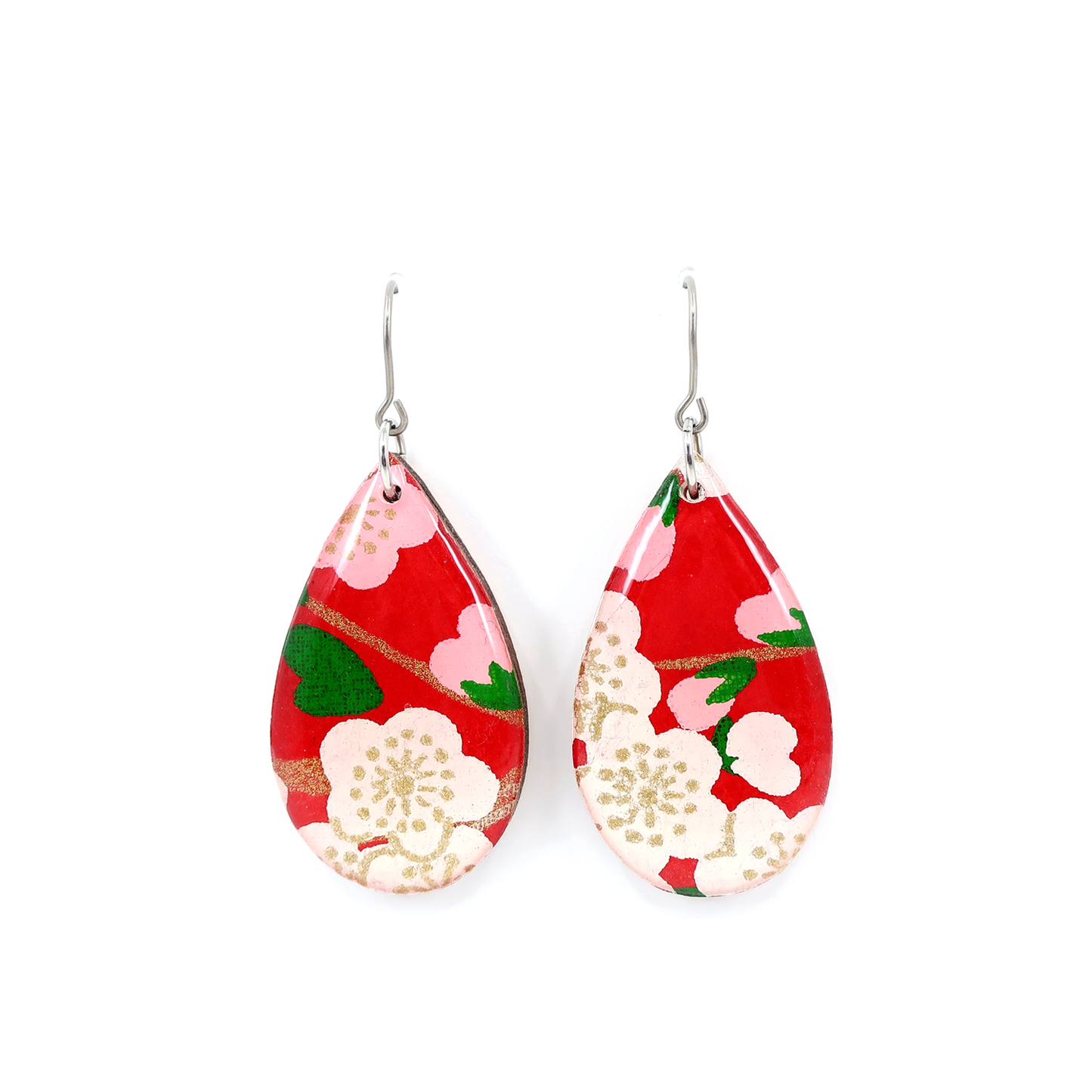 Teardrop floral Japanese earrings - Red