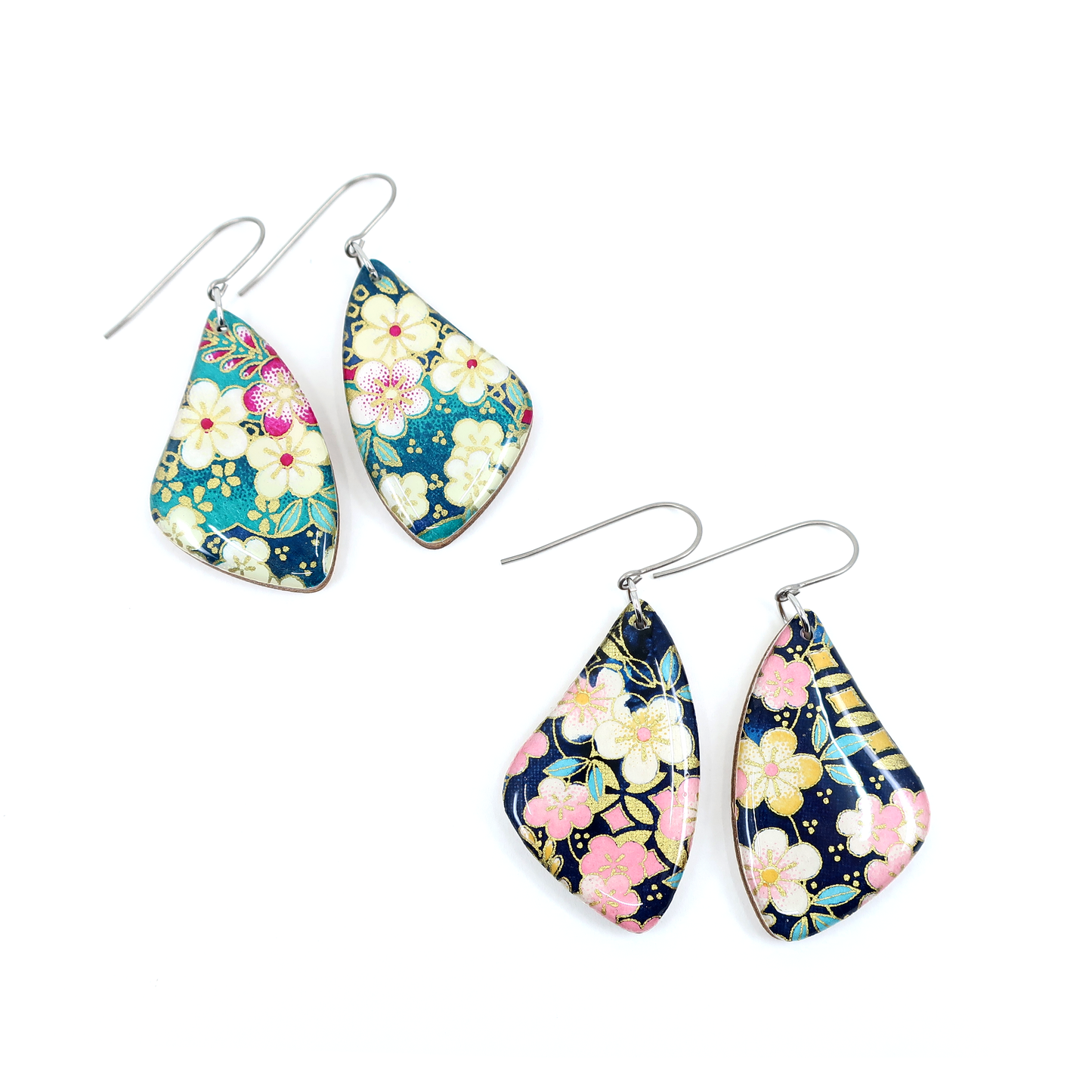 Teal green floral Japanese titanium dangle earrings
