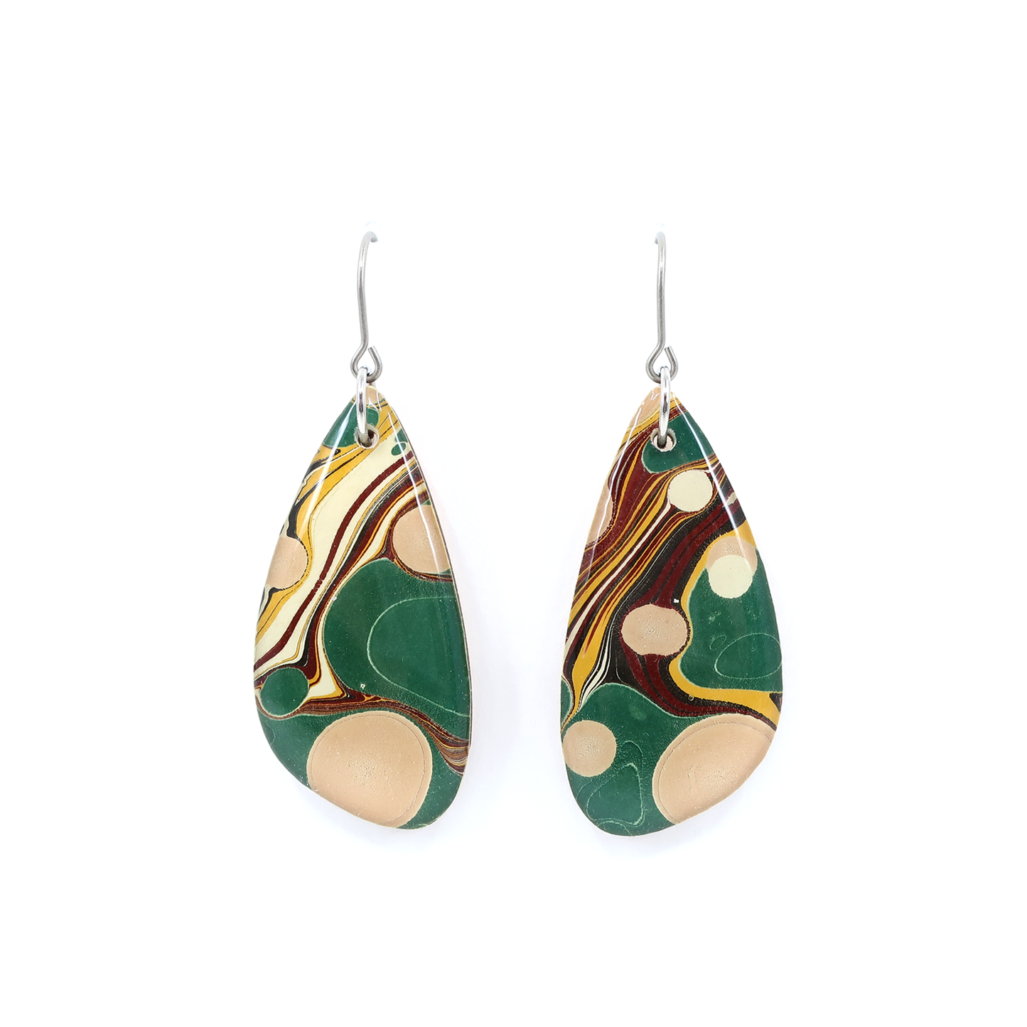 Green and light beige pink modern marble dangle earrings