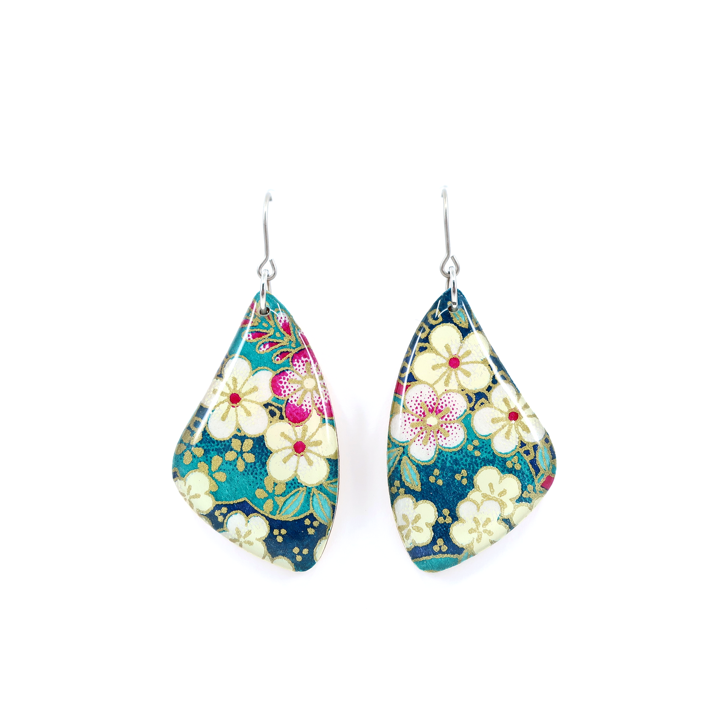Teal green floral Japanese titanium dangle earrings
