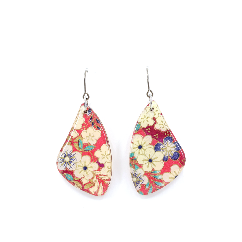 Coral pink floral Japanese titanium dangle earrings