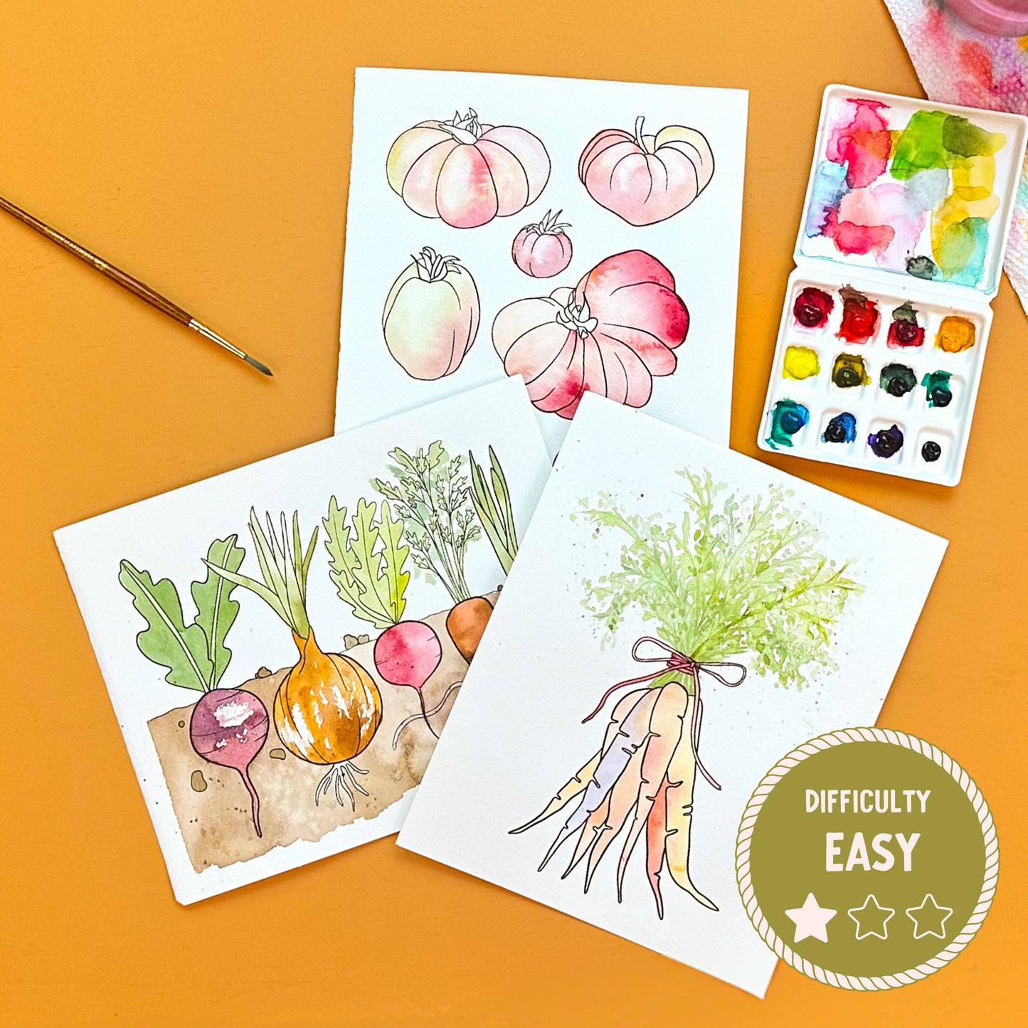 Watercolor Kit Complete Set Garden Veggie Design Outlines