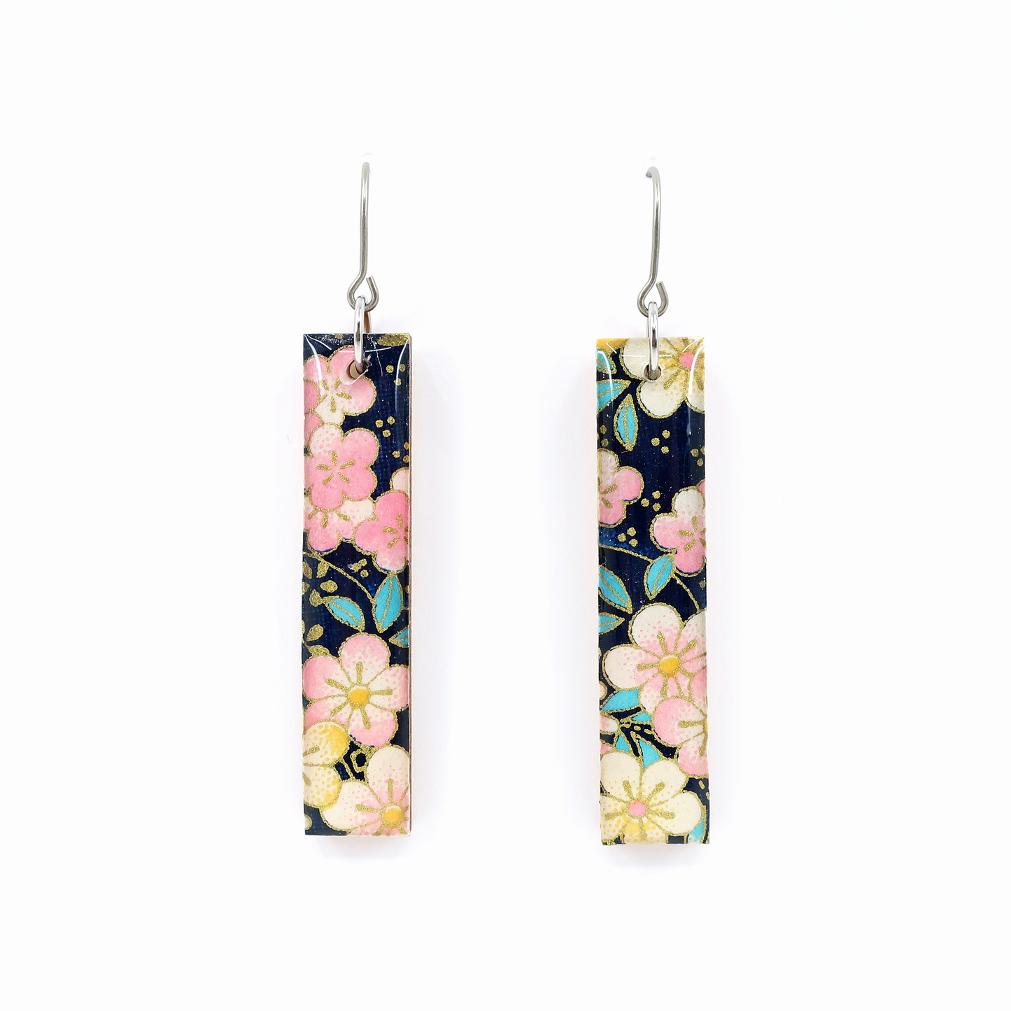 Navy/Pink floral Chiyogami long bar titanium earrings