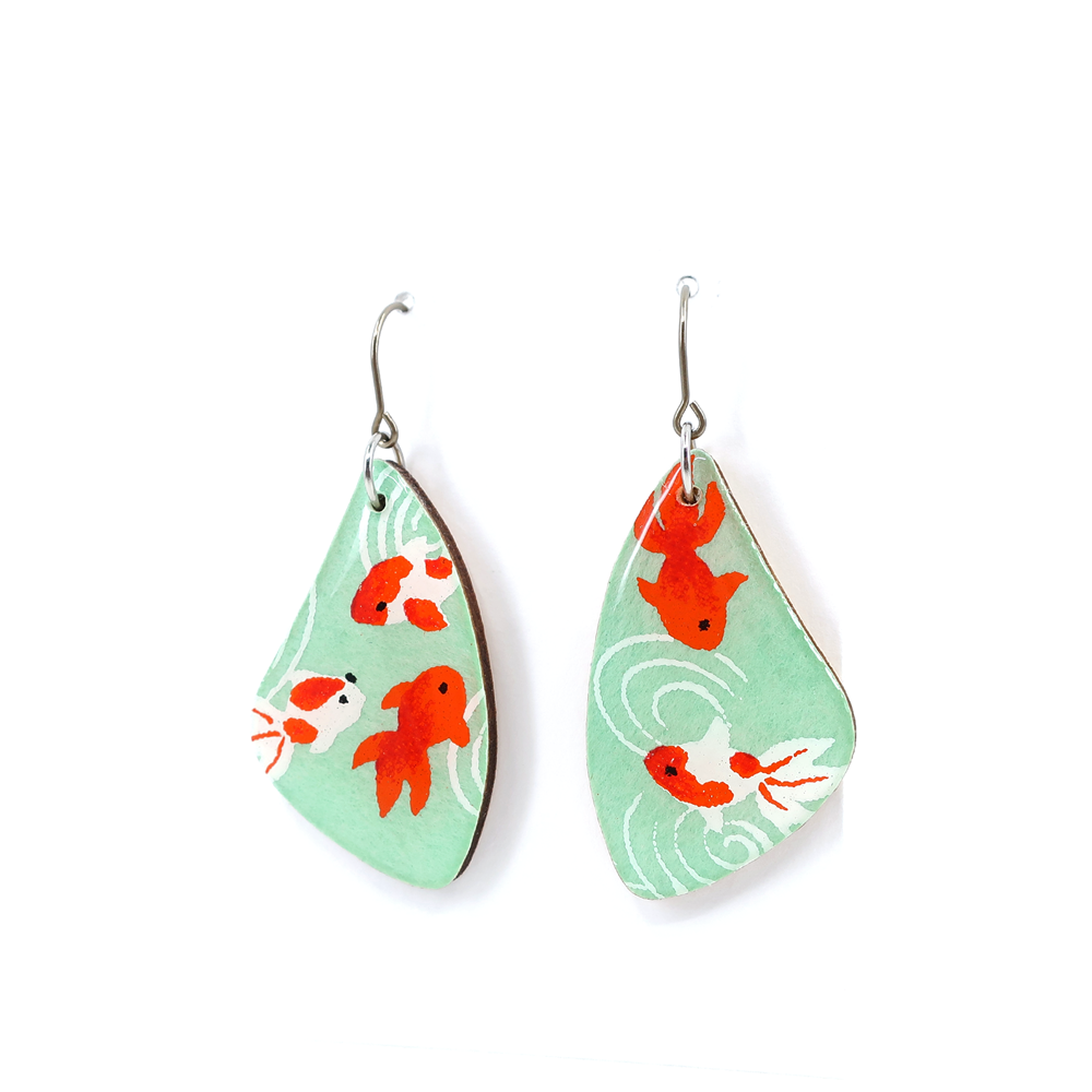 Mint green goldfish titanium dangle earrings