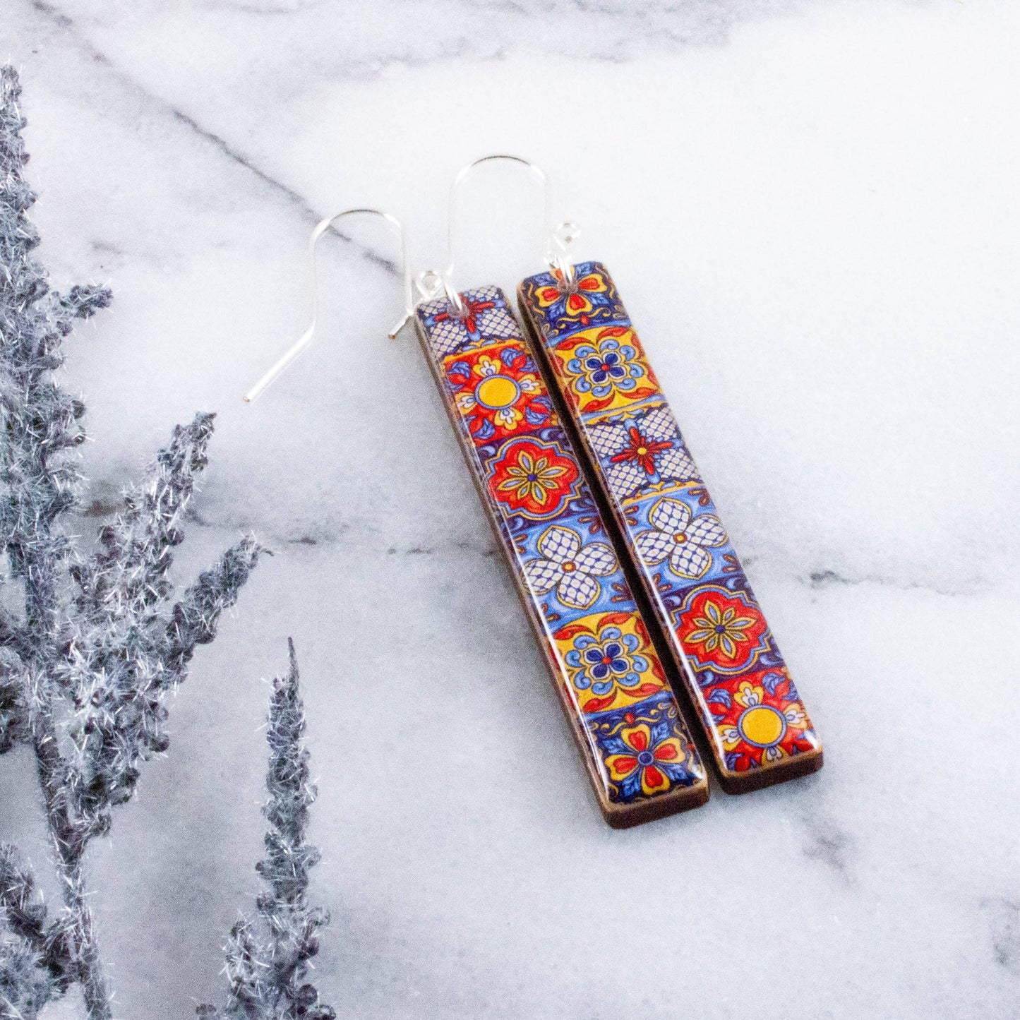 Vintage Mexican Talavera Tile Bar Earrings
