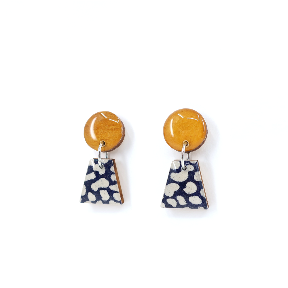 Ochre and Navy geometric titanium small drop earrings