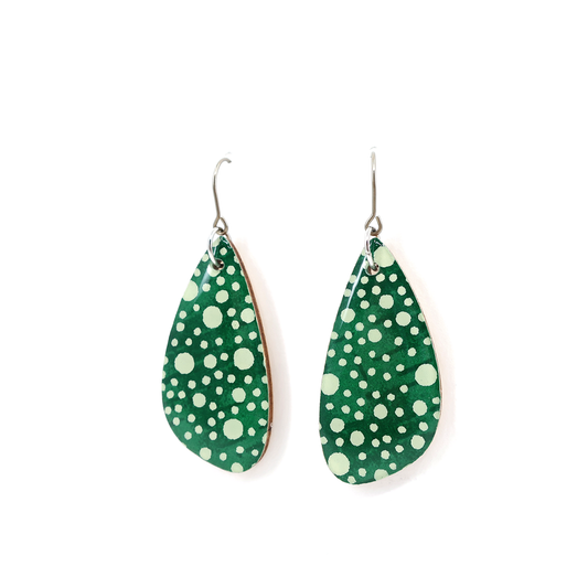 Polka dot Japanese Chiyogami wooden earrings - Deep green