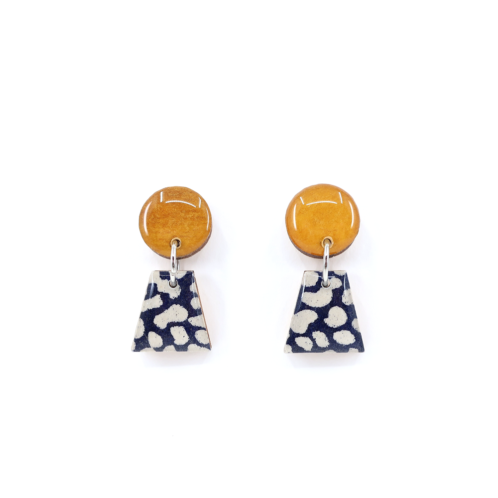 Ochre and Navy geometric titanium small drop earrings