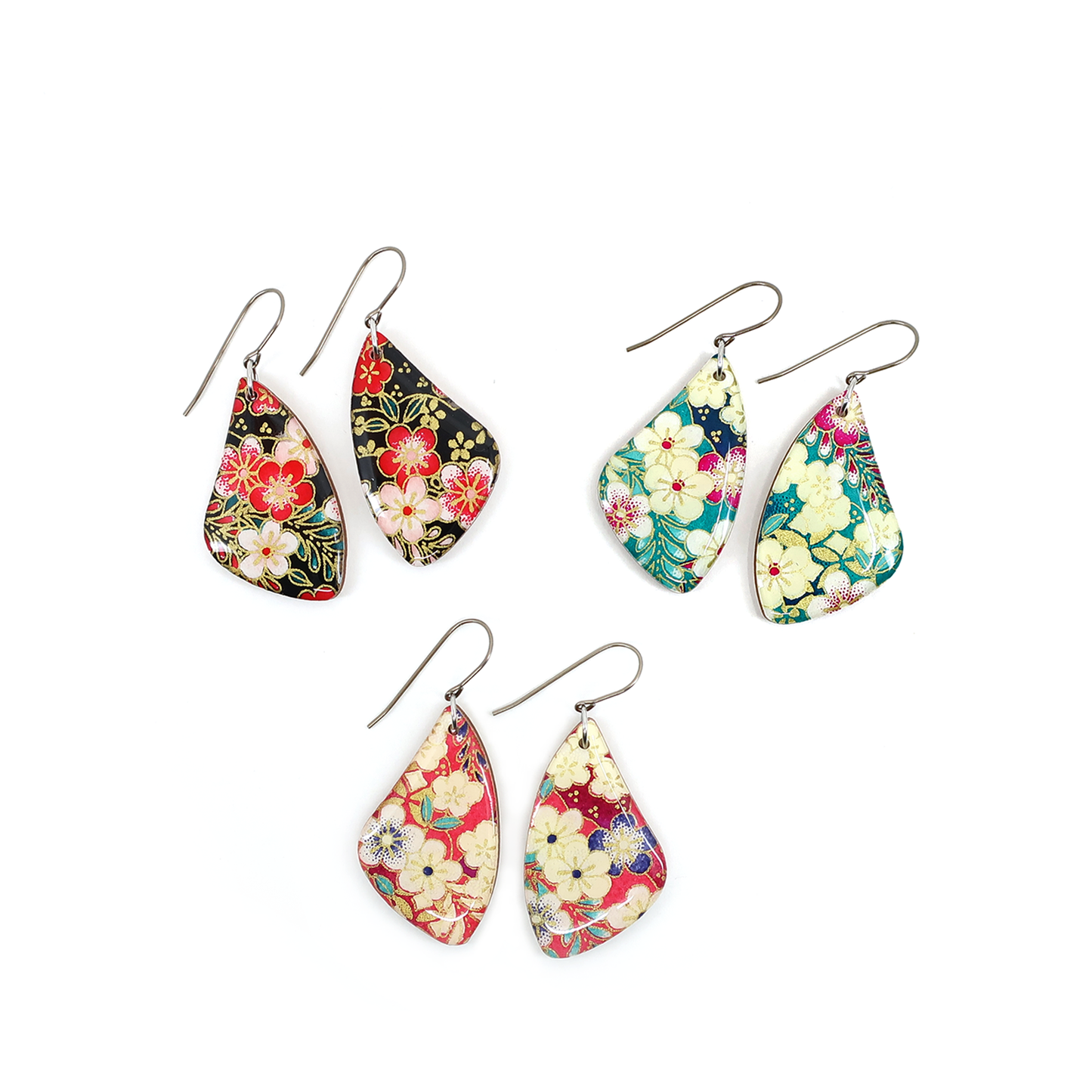 Coral pink floral Japanese titanium dangle earrings
