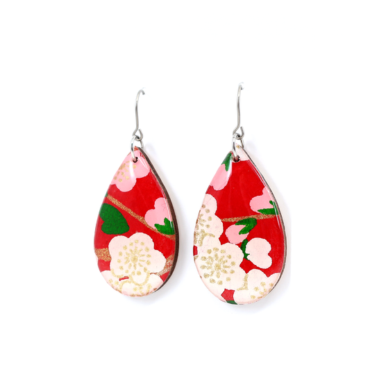 Teardrop floral Japanese earrings - Red