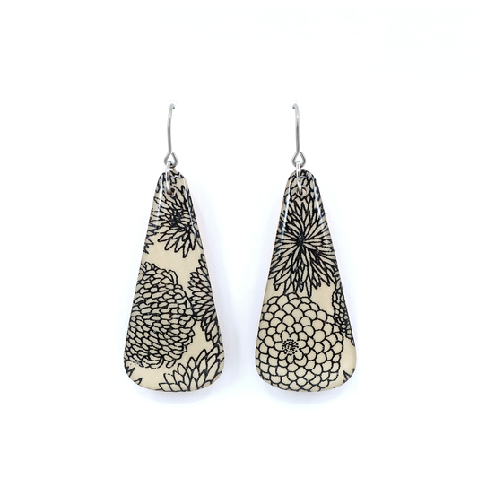 Black and cream modern floral Chiyogami titanium earrings