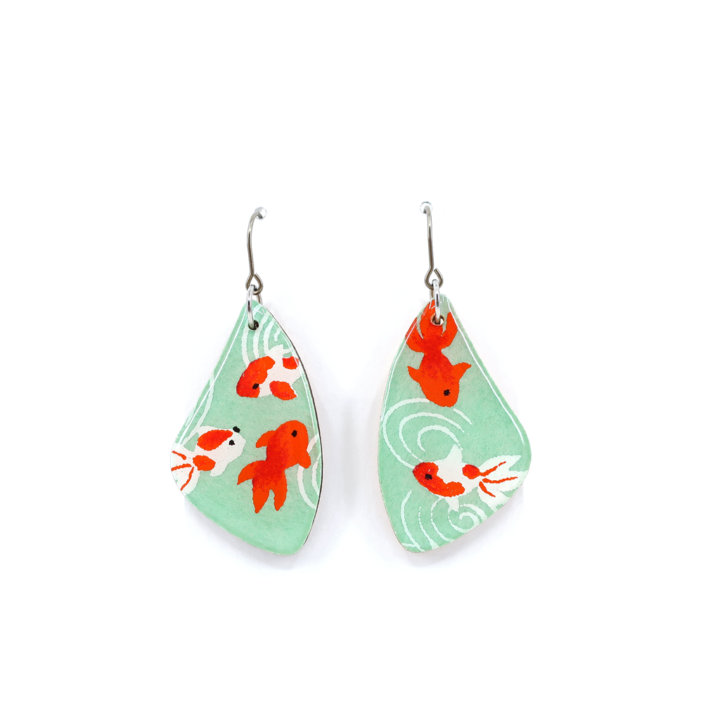 Mint green goldfish titanium dangle earrings