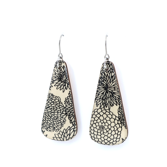 Black and cream modern floral Chiyogami titanium earrings