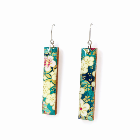 Teal floral Chiyogami long bar earrings with titanium hooks